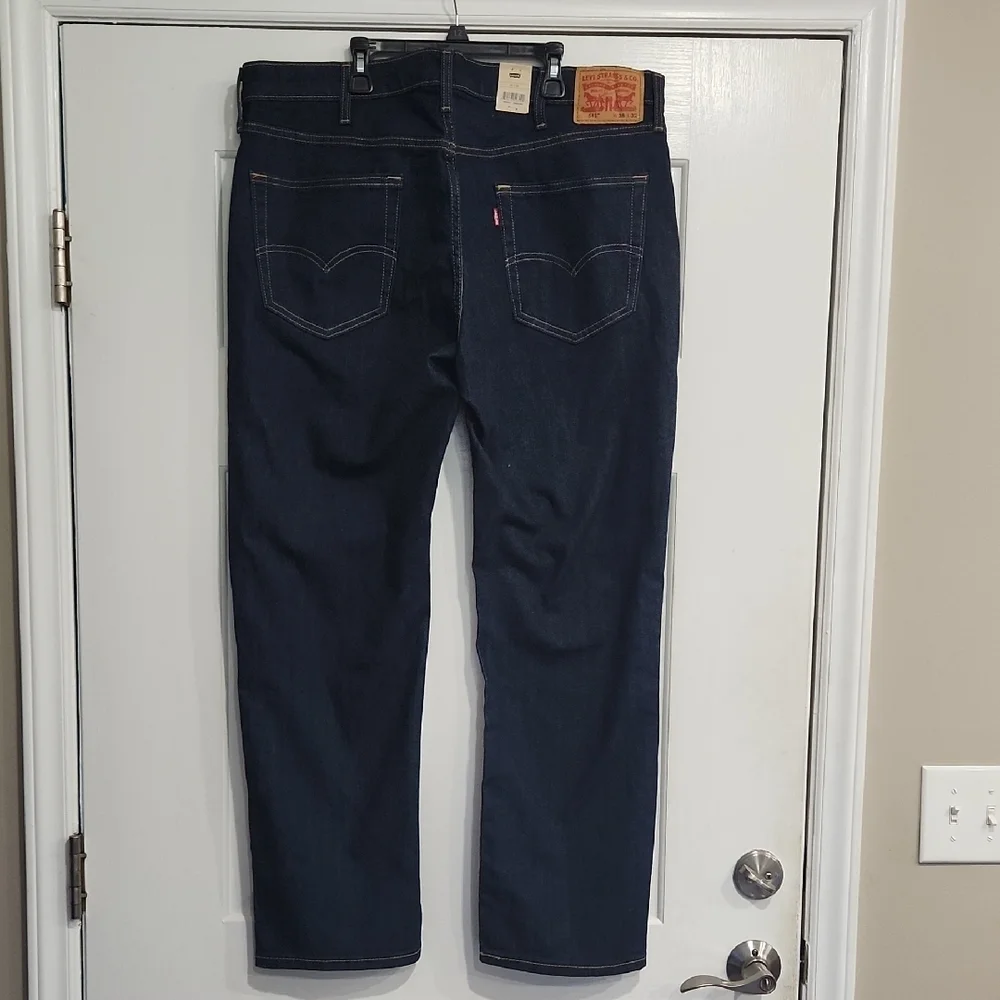 Dark Blue Straight-Leg Jeans with Leather Patch